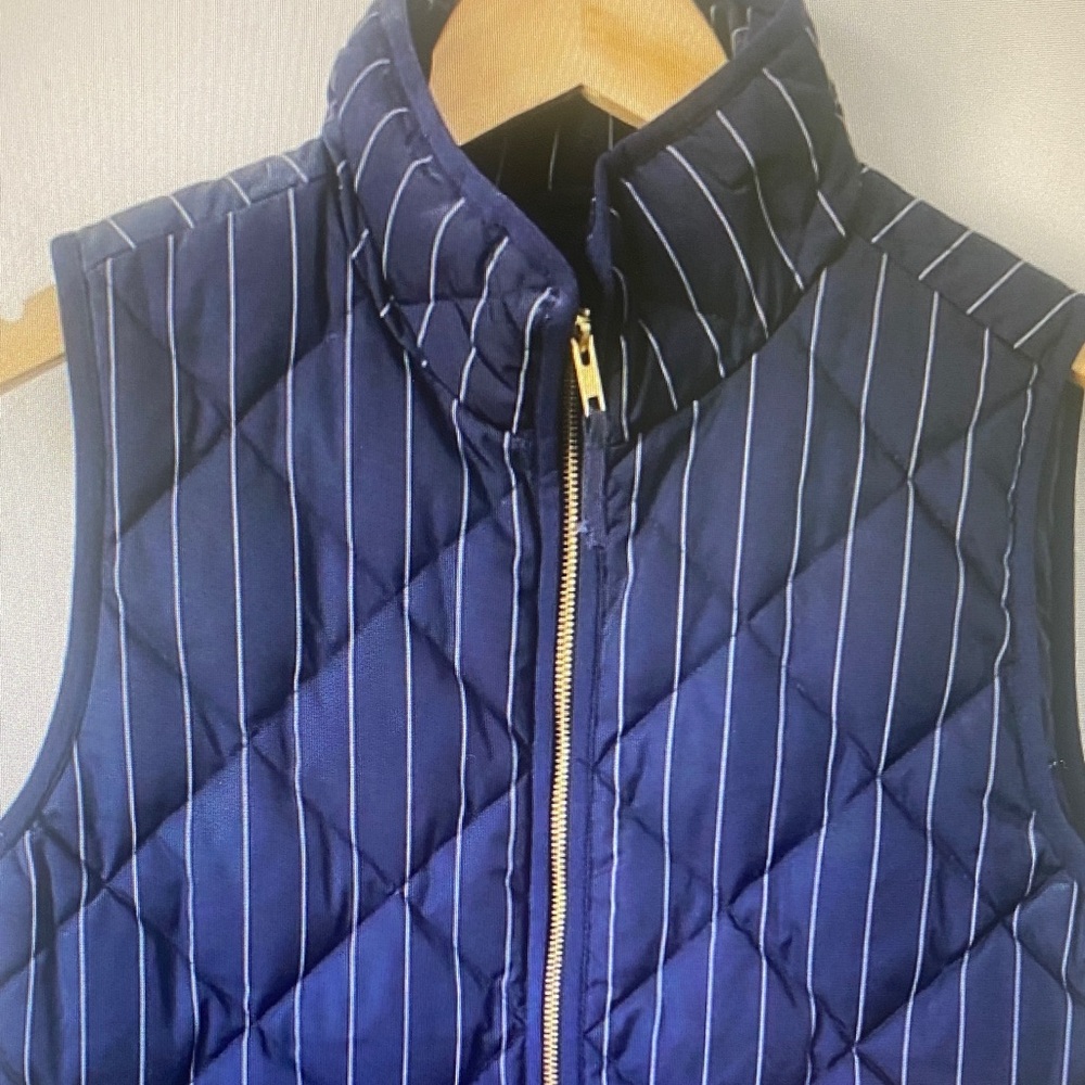 J. Crew Navy Pinstripe Quilted Vest with Gold Zipper